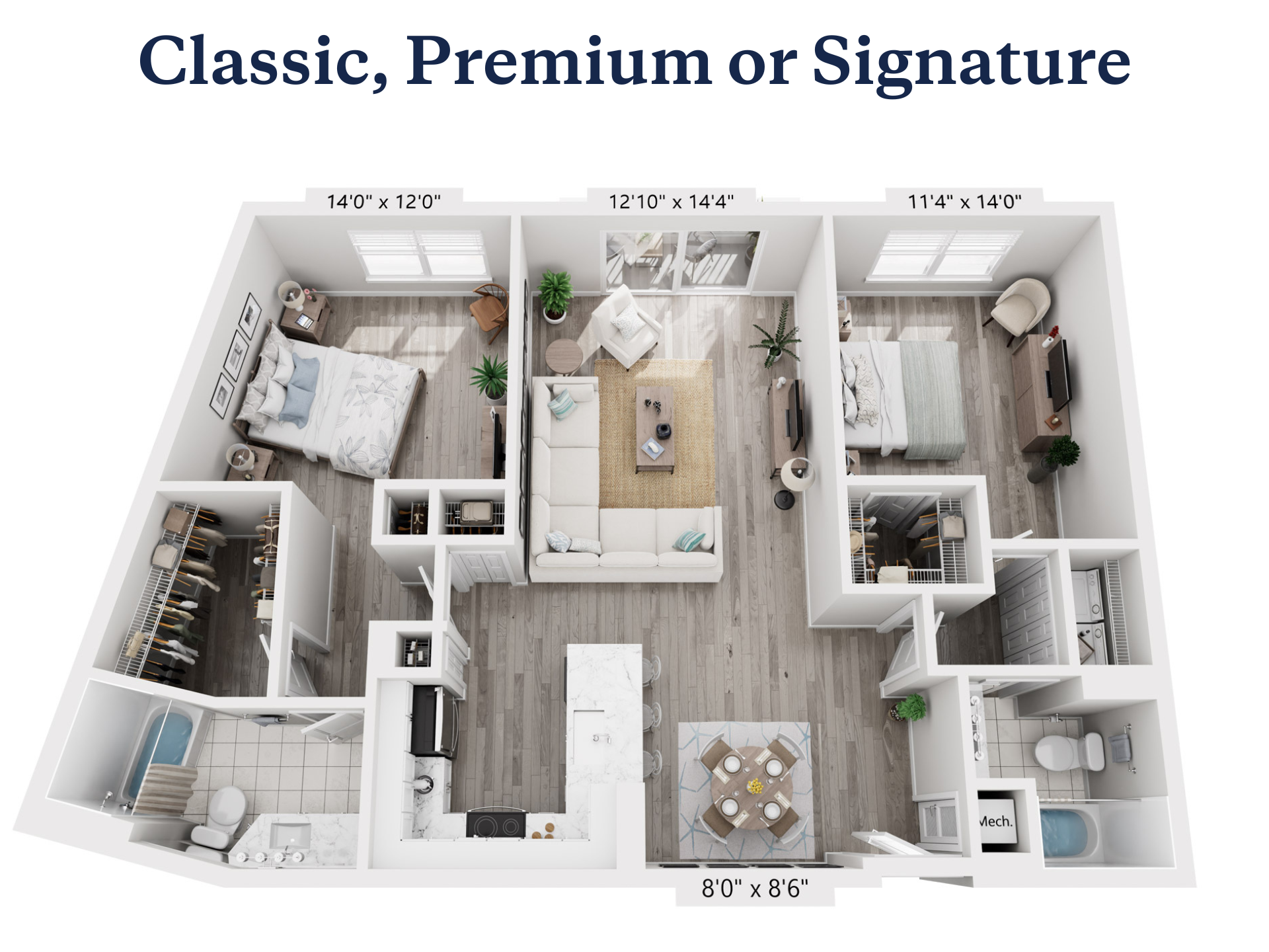 Floor plan for 2 beds, 2 baths, 1246 sqft
